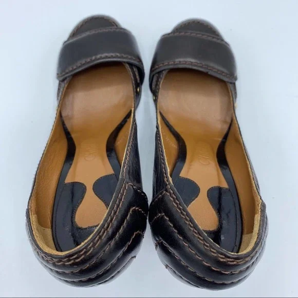 Chloe Brown Leather Round Toe Pumps Heels - Picture 10 of 14